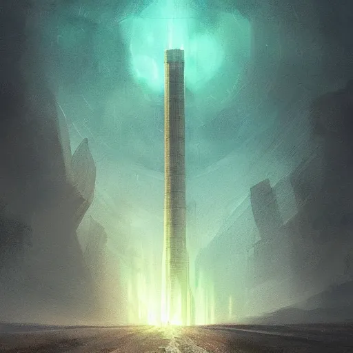 Image similar to A huge tower in a deserted landscape emitting a green light in the distance, dark atmosphere, intricate, cinematic lighting, highly detailed, digital painting, artstation, concept art, smooth, sharp focus, illustration, art by Artgerm and Greg Rutkowski, Cgsociety