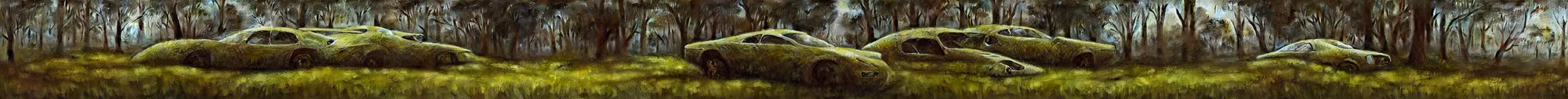 Image similar to hyper realistic painting of an abandoned Supercar covered with moss, an Australian summer landscape, by Zdzislaw Beksinski