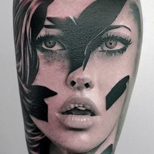 Image similar to double - exposure tattoo of megan fox and beautiful mountains, in the style of dan mountford