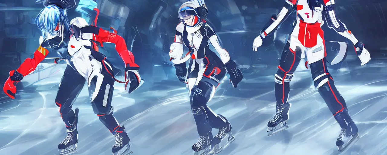Image similar to a female anime cyberpunk super star ice hockey player, wearing a light futuristic equipment and conceptual space helmet, habs jersey with blue white and red color blocking, character concept exploration, outfit designs, trending on artstation, biggest ice rink in the galaxy