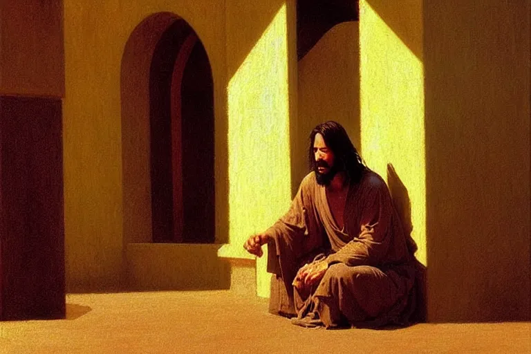 Image similar to keanu reeves as jesus christ in “ the last temptation of christ ” ( 1 9 8 8 ). oil painting in the style of edward hopper and ilya repin gaston bussiere, craig mullins, j. c. leyendecker. warm colors. detailed and hyperrealistic. concept art