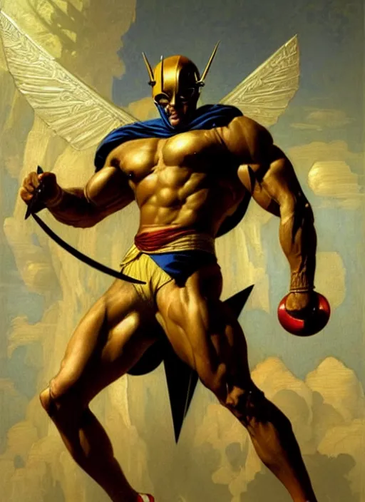 Image similar to renaissance painting of aggressive dc hourman, d & d, golden age, muscular! athetic slim bodybuilder, yellow and black, fantasy, intricate, elegant, highly detailed, digital painting, artstation, concept art, smooth, sharp focus, illustration, art by artgerm and greg rutkowski and alphonse mucha and alex ross