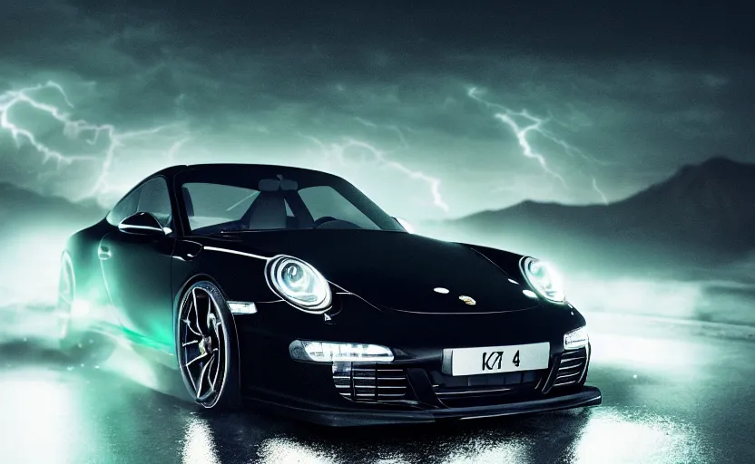 Prompt: a black Porsche 911 in the mountain at night by Khyzyl Saleem, cyan headlights, night time, lightning, heavy storm, atmospheric, artstation, concept art, illustration, sharp focus, high detail, octane render, RTX, water reflections, intimidating