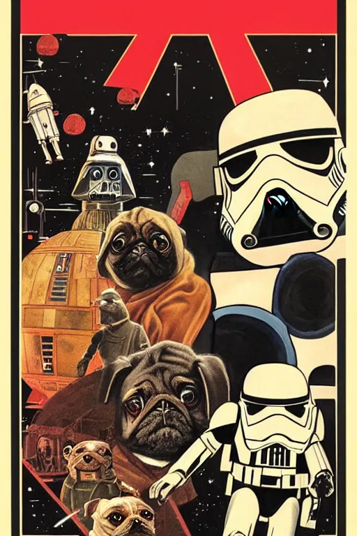 Image similar to vintage 1 9 7 7 star wars episode iv a new hope movie poster by tom jung, with pug droids, pug darth vader, and pugs instead of people