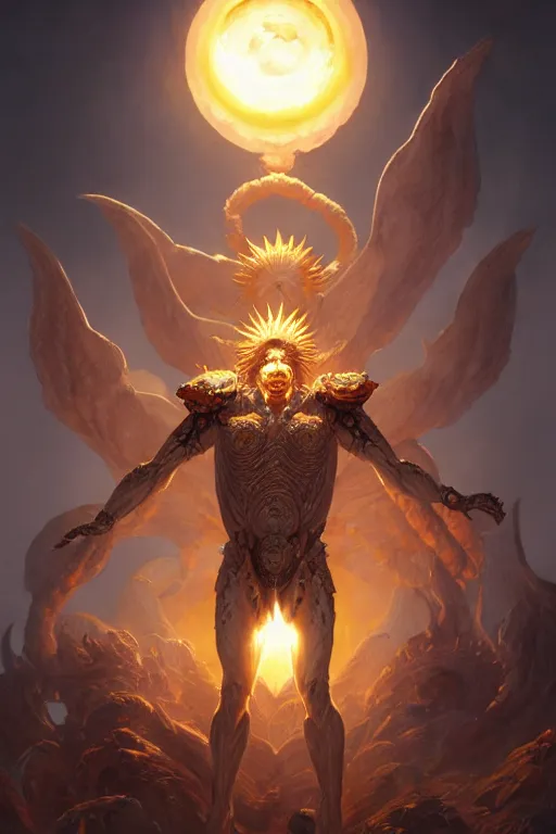 Image similar to humanoid god of the sun, highly detailed, d & d, fantasy, hyper detailed, digital painting, trending on artstation, apollo, concept art, sharp focus, illustration, art by artgerm and magali villeneuve and greg rutkowski and michael whelan, cryengine, 8 k realistic atmospheric lighting, frostbite 3 engine