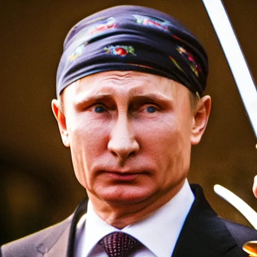 Prompt: photo of vladimir putin wearing a bandana and holding a sword, depth of field