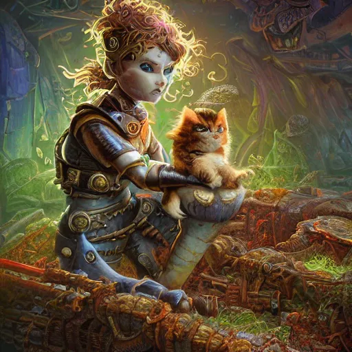 Image similar to rescue from the underworld, shadows of the past, The Mekanik Doll, chubby moss kitten, by jeff easley and Dylan Kowalski, highly detailed, digital painting, HDRI, by vivid colors, high contrast, 8k resolution, intricate, beautiful and thematically complex, smooth