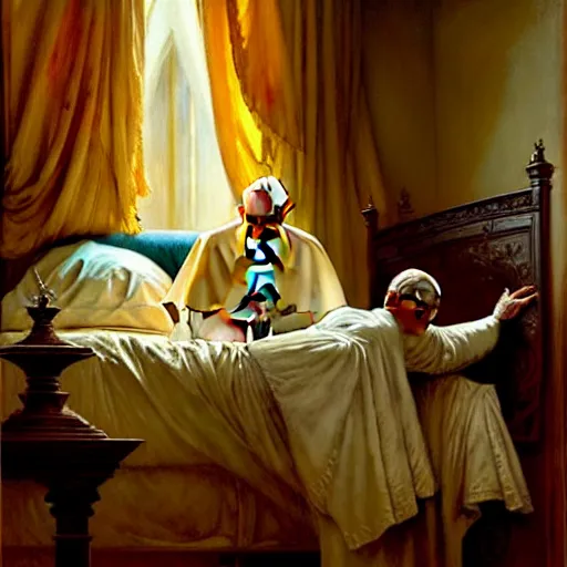 Image similar to the pope wakes up is his bed, sweating, nervous, terrified, because a double horned shadow demon lurks in the papal bedroom. highly detailed painting by gaston bussiere, j. c. leyendecker, greg rutkowski, craig mullins 8 k