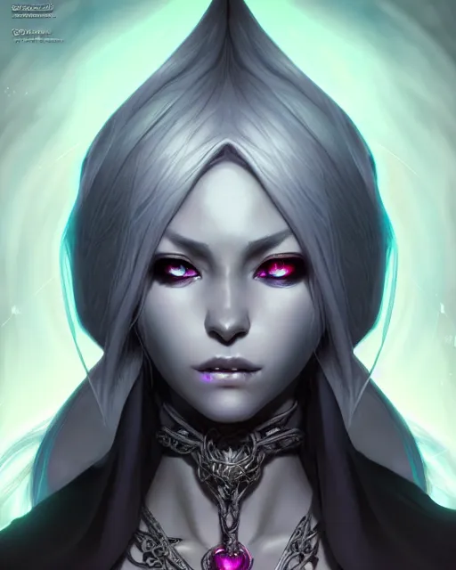 Image similar to portrait of an anime female drow necromancer, hd, illustration, epic, d & d, fantasy, intricate, elegant, highly detailed, digital painting, artstation, concept art, smooth, sharp focus, illustration, art by artgerm and greg rutkowski and alphonse mucha, monster hunter illustrations art book