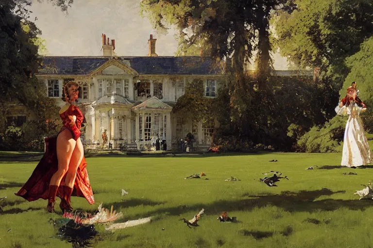 Prompt: pulp scifi illustration, woman on expansive lawn of distant english stately home, by norman rockwell, morgan weistling, john berkey, earle bergey, craig mullins, ruan jia, chris foss, jeremy mann, tom lovell, tyler edlin, wadim kashin