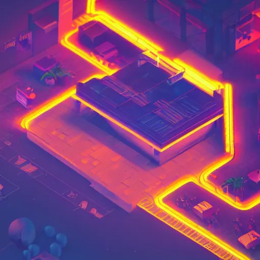 Prompt: isometric world on dark background, neon lights, video game, octane render, pixar style, unreal engine, dynamic light