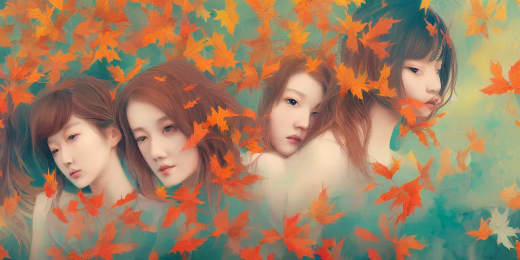 Image similar to breathtaking detailed concept art painting pattern blend of autumn leaves and girls, by hsiao - ron cheng, bizarre compositions, exquisite detail, pastel colors, 8 k