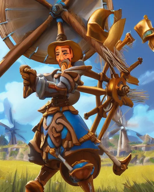 Prompt: don quixote's fighting with windmills by disney and miyazaki, octane, intricate, hearthstone