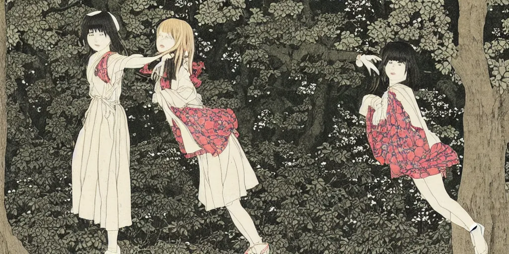 Prompt: a beautiful illustration oftwo girls in jk standing in the playground ， by takato yamamoto