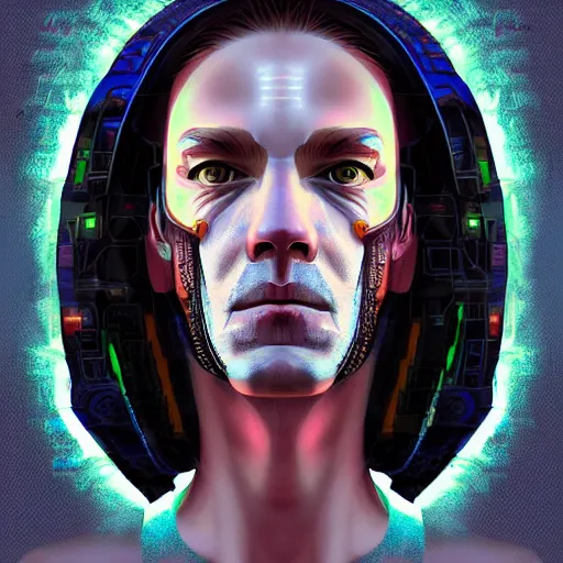 Prompt: cyberpunk thirtysomething prophet, very detailed, realistic, symmetrical face, art by digital painting,