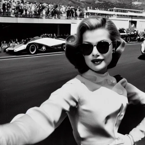 Image similar to selfie smartphone photo of a young Grace Kelly at the Monaco Gran Prix, F1 cars blurred in background, iphone photo, smartphone resolution, trending on instagram, influencer photography