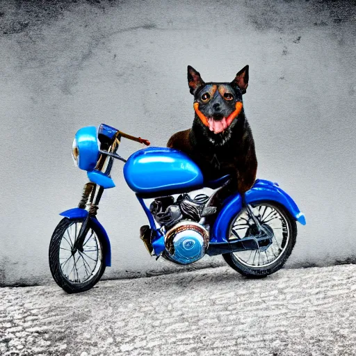 Image similar to blue heeler dog on a motorcycle, 8 k photography, blurred background of a wafflehouse