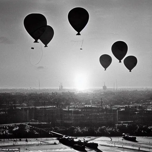 Image similar to basking in the first sun - rays were huge floating balloons a defence umbrella against enemy air - raids on port - installations, 1 9 6 0 photo