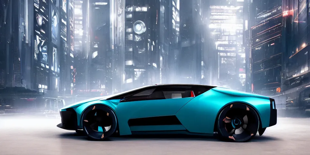 Image similar to a design of a futuristic DMC Delorian, designed by Polestar, blade runner background, back view, copper car paint with dark teal accent detailing, black windows, sportscar, black show room, dramatic lighting, octane rendering, unreal engine rendering, hyper realistic render, depth of field, octane rendering