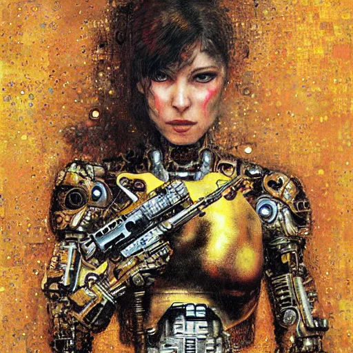 Image similar to cybernetic female supersoldier armed with laser rifle, intricate detail, klimt, royo, whealan,