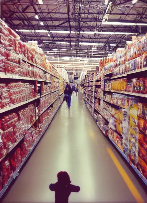 Image similar to first person view. walking through a costco in 1 9 9 7. blurry polaroid. simple composition.