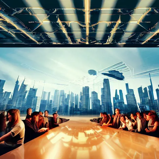 Prompt: large group people in a warehouse, looking at hologram of futuristic city on a table, cinematic concept art, godrays, golden hour, natural sunlight, 4 k, clear details, tabletop model buildings, tabletop model, hologram center, crane shot