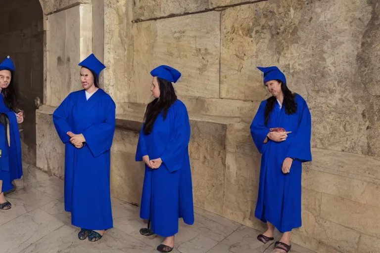 Image similar to photo of 3 women at the tomb of jesus, blue robes, golden triangle composition