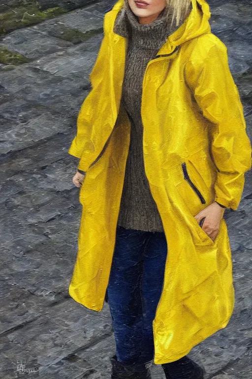 Prompt: a full body high detail portrait oil painting illustration of beautiful blonde woman with face and body clearly visible , dressed in yellow raincoat and yellow rubber boots walks in small town in Finland, realistic proportions, rpg, artstation trending, high quality, no crop, entire person visible, natural light, width 768