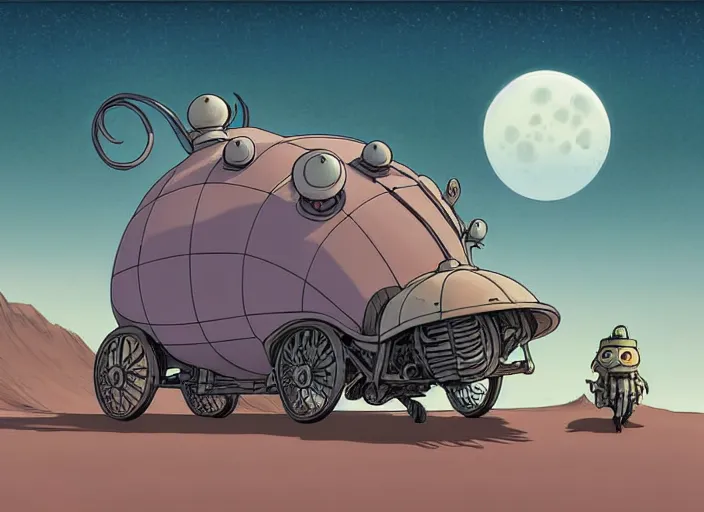 Image similar to a cell shaded cartoon of a lovecraftian mechanized snail from howl's moving castle ( 2 0 0 4 ), on a desert road, in front of a pale full moon, full body, wide shot, very dull muted colors, studio ghibli, laurie greasley, highly detailed, deviantart, art by artgem