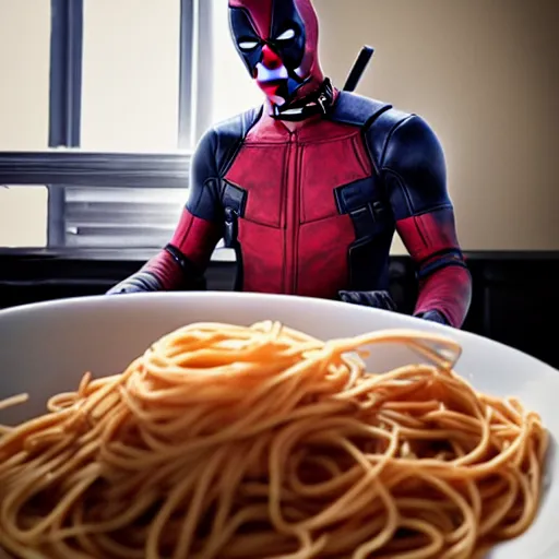 Prompt: Deadpool eating spaghetti, professional photography