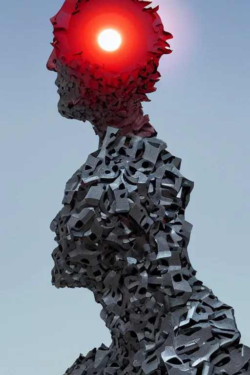 Prompt: realistic 8k Sculpture of random jagged reflective metal pieces forming the shape of a person silhouetted by a red sun, smooth, sharp focus, 24mm lens, DOF, hyper realistic, art by Greg Rutkowski and Ruan Jia