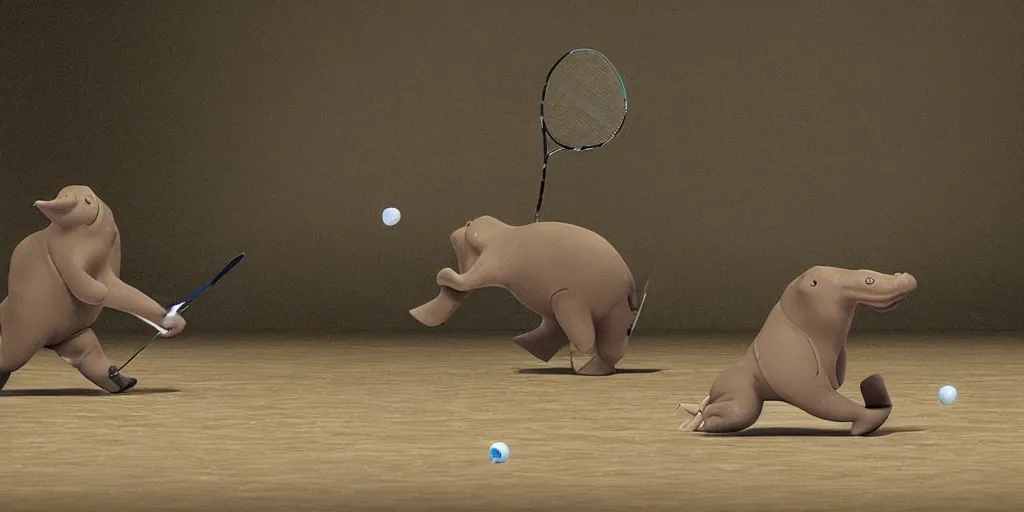 Image similar to plastic anthromorphic hippos playing badminton