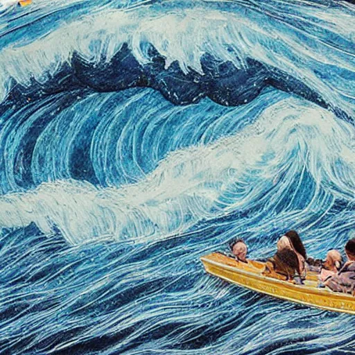 Image similar to The art installation depicts a huge wave about to crash down on three small boats. The boats are filled with people, and they all look terrified. Byzantine by Ayami Kojima experimental