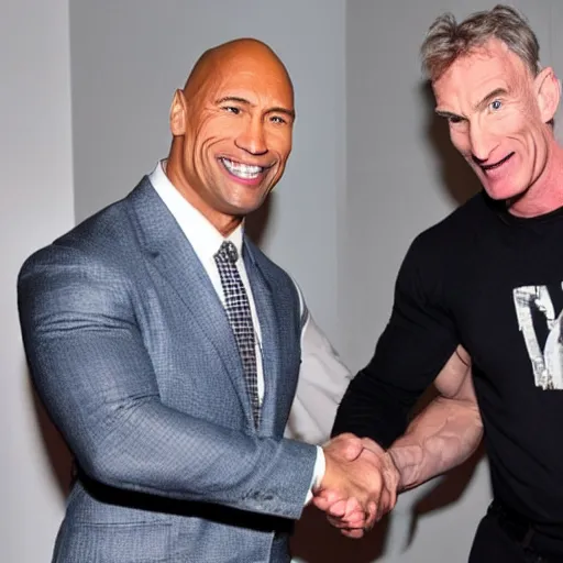 Prompt: dwayne the rock johnson shaking hands with bill nye the science guy