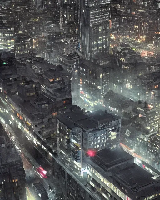 Image similar to a night rooftop scene, light from traffic in the city below, close up shot of a gangster wearing a streetwear trench coat looking at the city below, unreal engine, hyper realism, realistic shading, cinematic composition, realistic render, octane render, detailed textures, in the style of Liam Wong and Makoto Shinkai