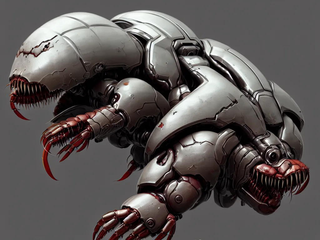 Image similar to doom, crustacean, isopod, muscular body, chiroptera head, chiroptera ears, big sharp teeth, mecha, hyperrealism, artstation, cgsociety, zbrush, no background