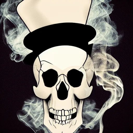 Image similar to Skull, top hat, smoke, smoke coming out of skull, hyperrealistic,