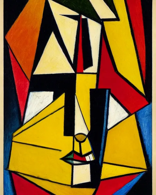 Prompt: a cubism extremely detailed masterpiece painting of a female with one triangular eye one trapezoid eye one side view of a nose a heat shaped elongated mouth at an angle a sharp jaw and no ear on the same canvas plane, in the style of georges braque, muted brown yellow and blacks