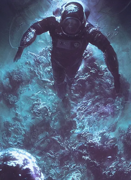 Image similar to astronauts in dark void underwater - complex and hyperdetailed technical suit. reflection and dispersion materials. rays and dispersion of light. volumetric light. f / 3 2. noise film photo. flash photography. ultra realistic, wide angle. poster by wayne barlowe, hajime sorayama aaron horkey, craig mullins