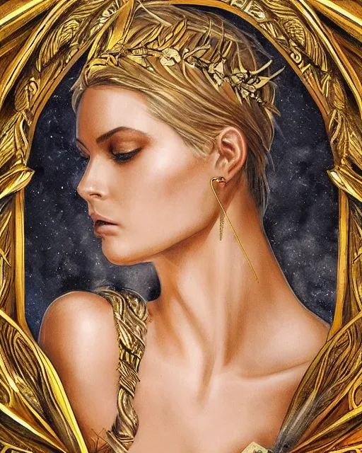 Image similar to tattoo design sketch of cute beautiful blonde super model as aphrodite greek goddess wearing a gold laurel wreath and triangle earrings, beautiful piercing gaze with sharp pupils, in the style of greg rutkowski, fantasy, amazing detail, epic, elegant, smooth, sharp focus, front view