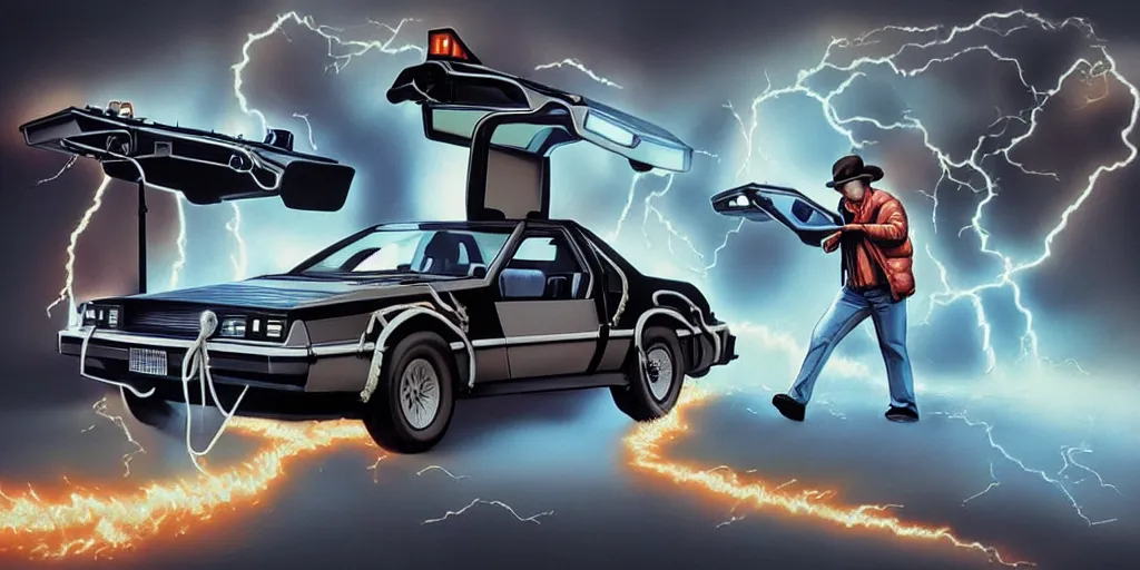 Image similar to back to the future ,digital art, high detail, hyper realistic,