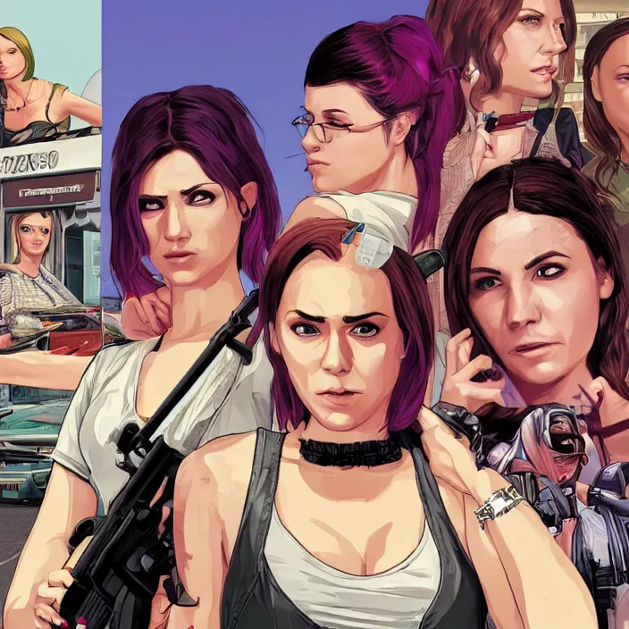 Image similar to female protagonists in gta, cover art by stephen bliss, boxart