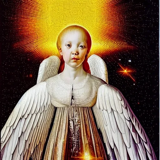 Image similar to highdetailed hyperrealistic of white angel!!! giant ball of miracle light from the chest!!!!!, white sparkles everywhere, lot of fire and stars overhead!!!, by jan van eyck, holography space, glow effect, large strokes, clean lines, white monocolor, oil painting