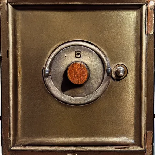 Prompt: A still life of a safe on the wooden ground, wood panels, metalic, (((rusty))), ((Edwin Foley))