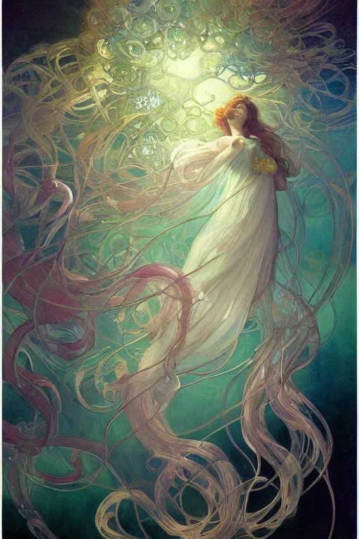 Prompt: a beautiful painting of a cylindrical aquarium with lots of jellyfish, ray of light, shimmering and prismatic, rococo, by krenz cushart and mucha and monet, trending on artstation.