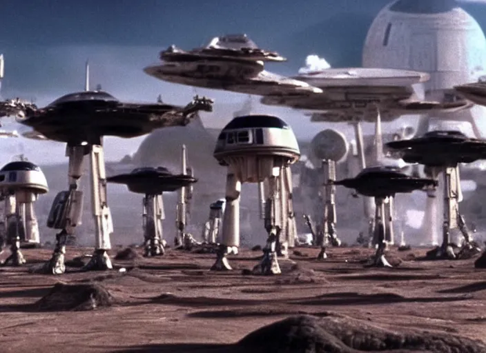 Image similar to screenshot of a wide shot of tropical planet Imperial Probe Droids from star wars, the 1970s film by Stanley Kubrick, attacking Han Solo, iconic scene, stunning cinematography, hyper-detailed, crisp, anamorphic lenses, kodak color film stock, 4k, stunning