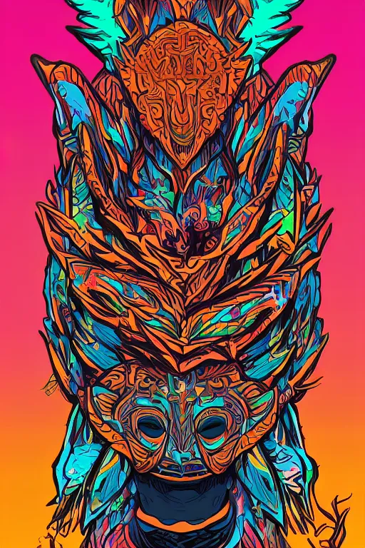 Image similar to animal mask totem roots flower tribal feather gemstone plant wood rock shaman vodoo video game vector cutout illustration vivid multicolor borderlands comics by josan gonzales and dan mumford radiating a glowing aura