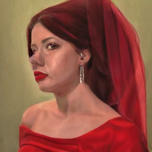 Image similar to Hyper realistic portrait of a woman wearing a bride style red dress