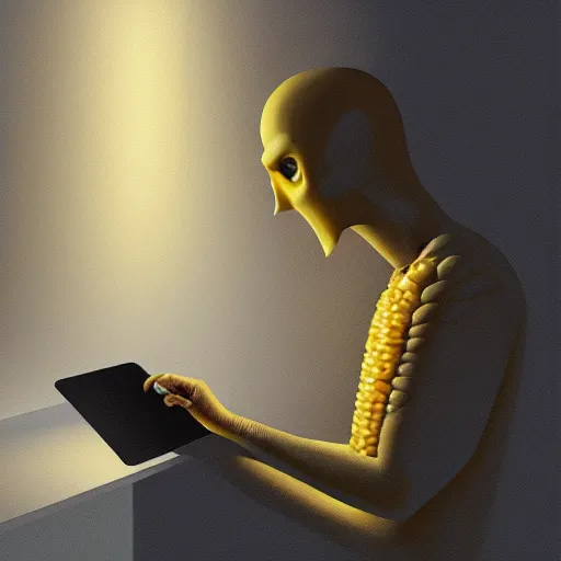 Image similar to Anthropomorphic corn cob using computer in a dark room, face illuminated, hyperrealistic, artstation, 8k, concept art, very detailed, hd, digital painting, shadows, dimly lit, dramatic lighting