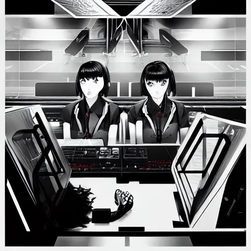 Image similar to beautiful twin sisters hacking into the mainframe of the pentagon, in the style of hiroya oku and riyoko ikeda, black and white, photorealistic, epic, super technical